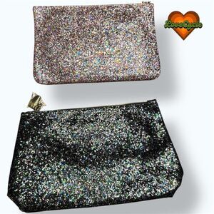 Women's Glitter Makeup Bag Bundle : Silver & Black 2-Piece Set